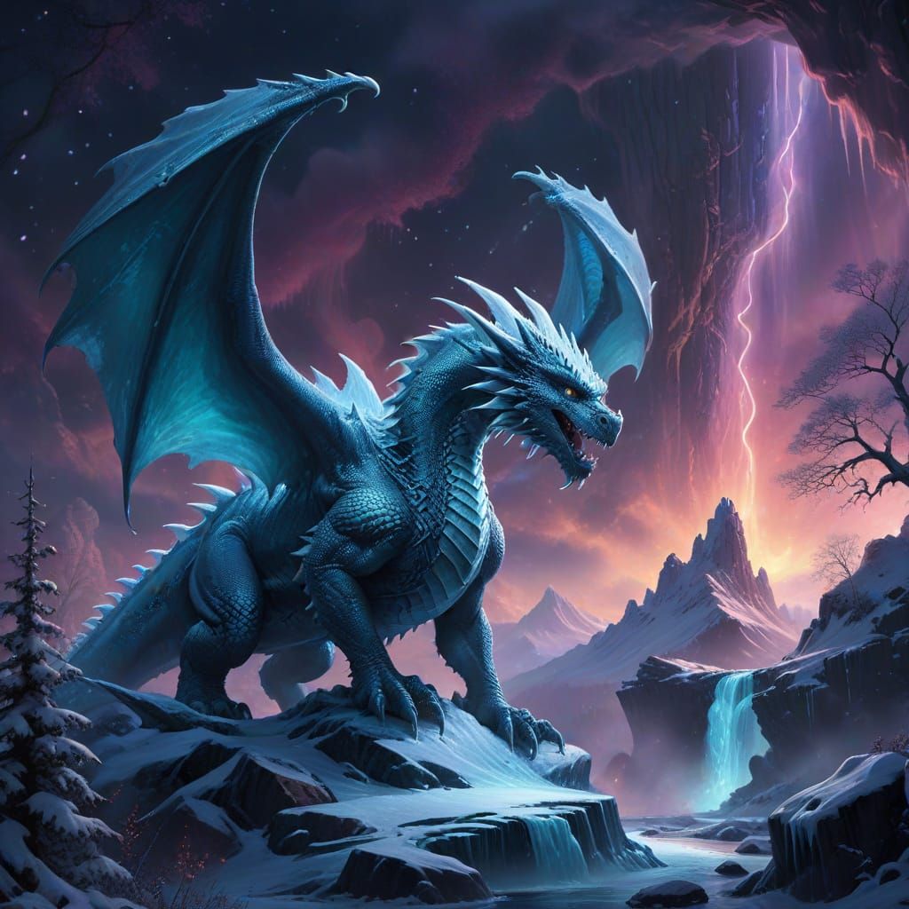 Ice Dragon Guards Winter Valley in Digital Matte Painting