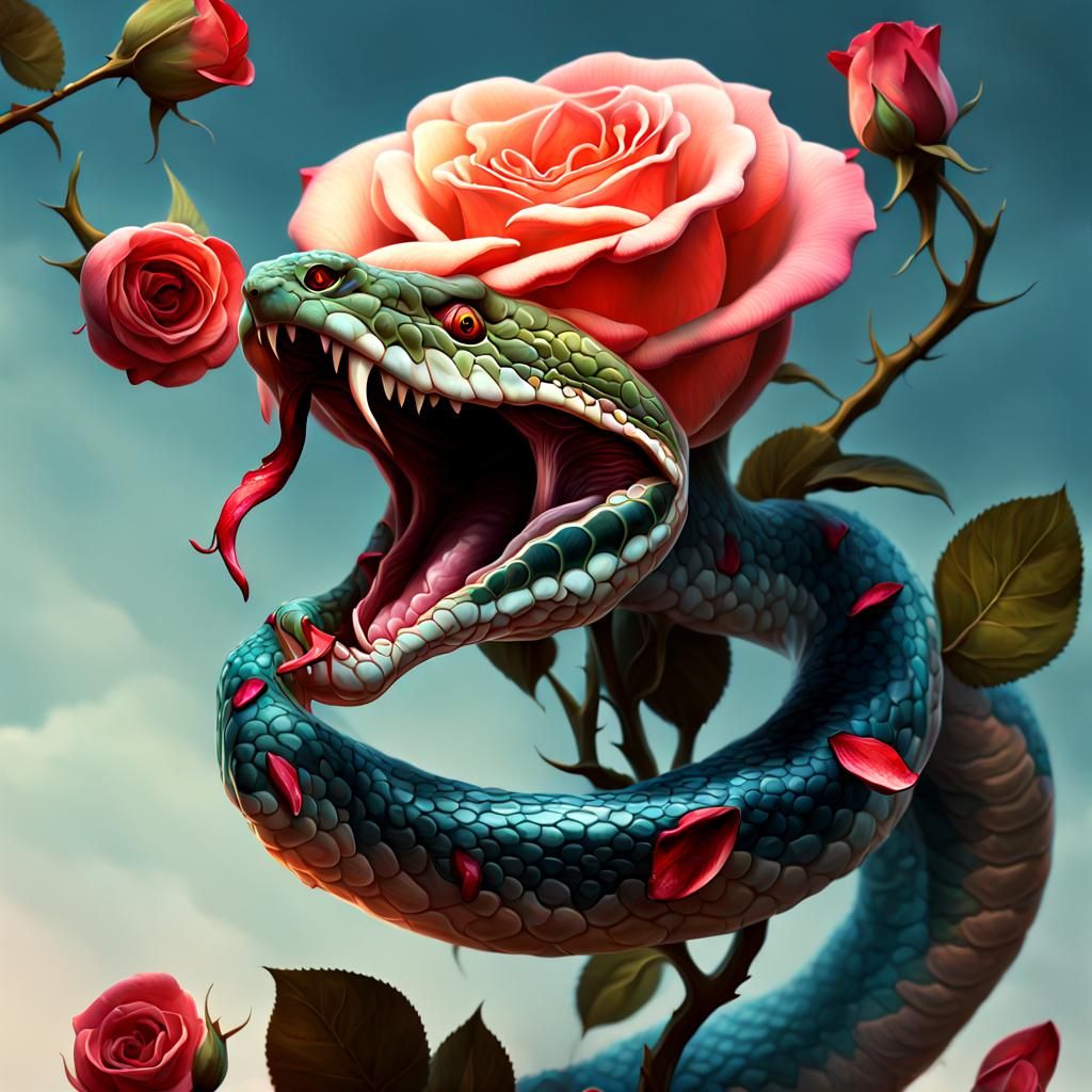 Rose Transforming into Hissing Snake, Hyperrealistic Concept...