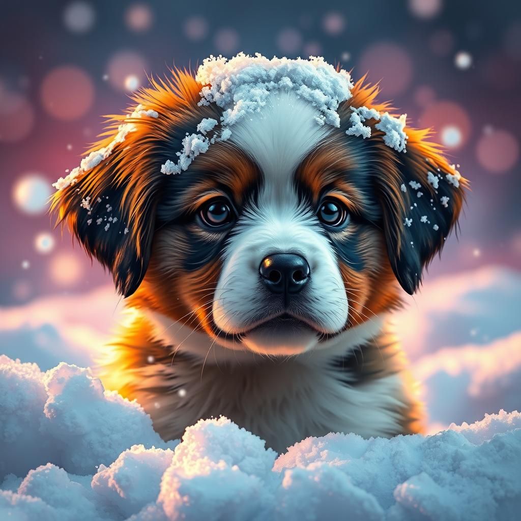 Adorable Puppy in Snow, Hyperrealistic Splash Art