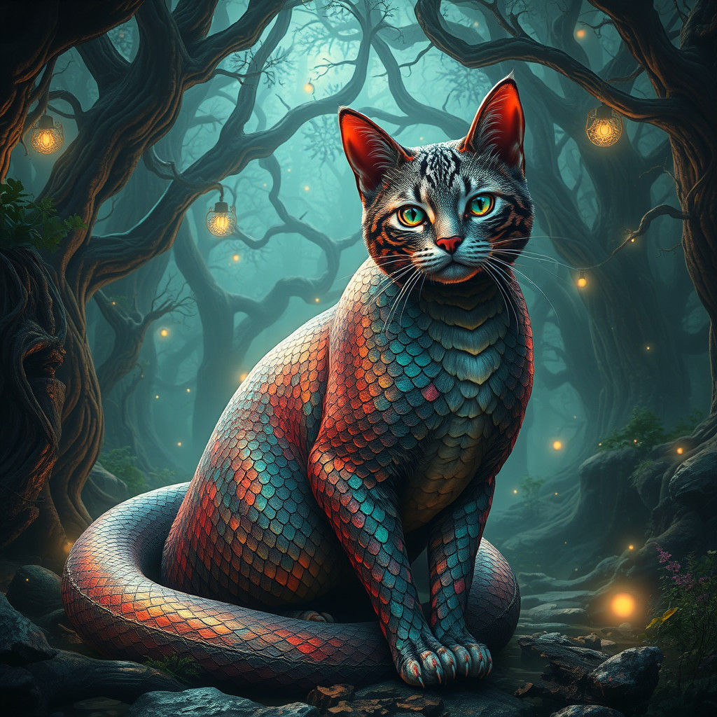 Iridescent Serpentine Cat in Mystical Realm as Matte Paintin...