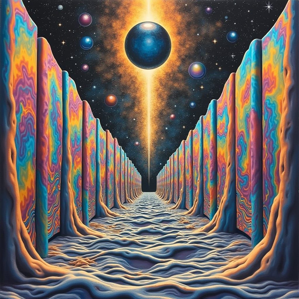 Floating Obsidian Sphere over Iridescent Desert