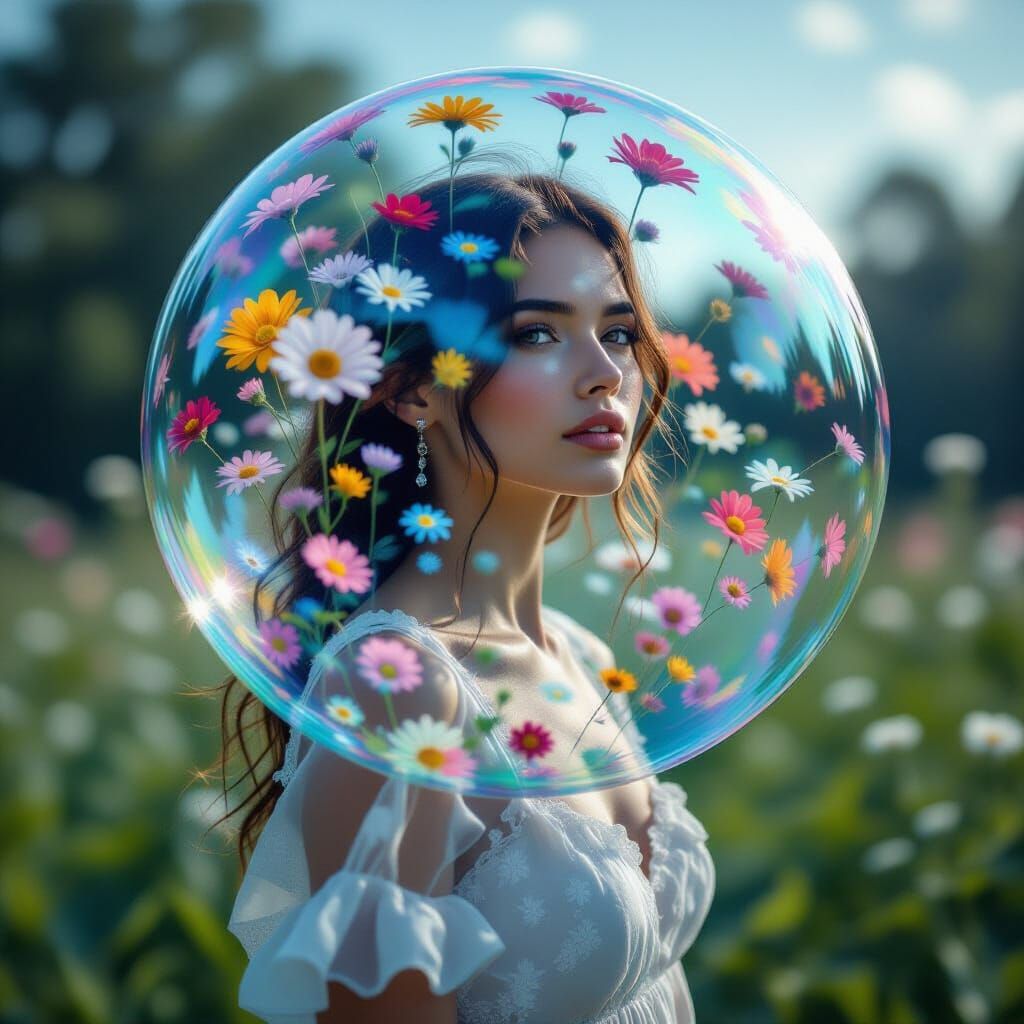 Translucent Woman Filled with Flowers in HDR Style