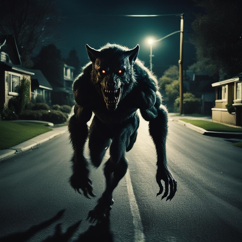Werewolf Running at Night: Cinematic Film Still