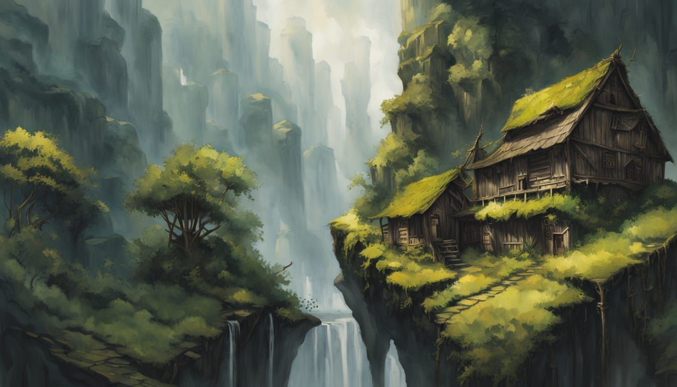 Mysterious Watercolor Village Perched on a Mossy Cliff