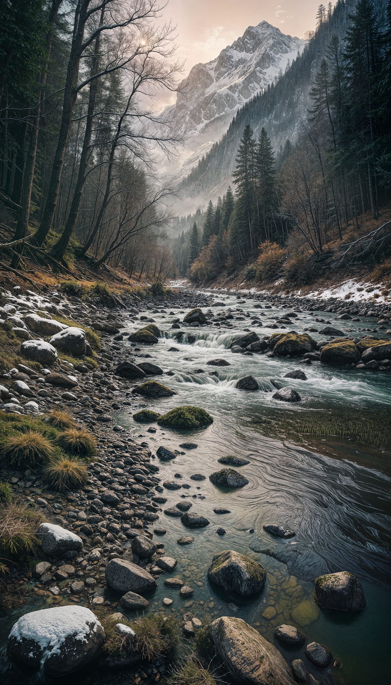 Dramatic Mountain River Scene at Sunset