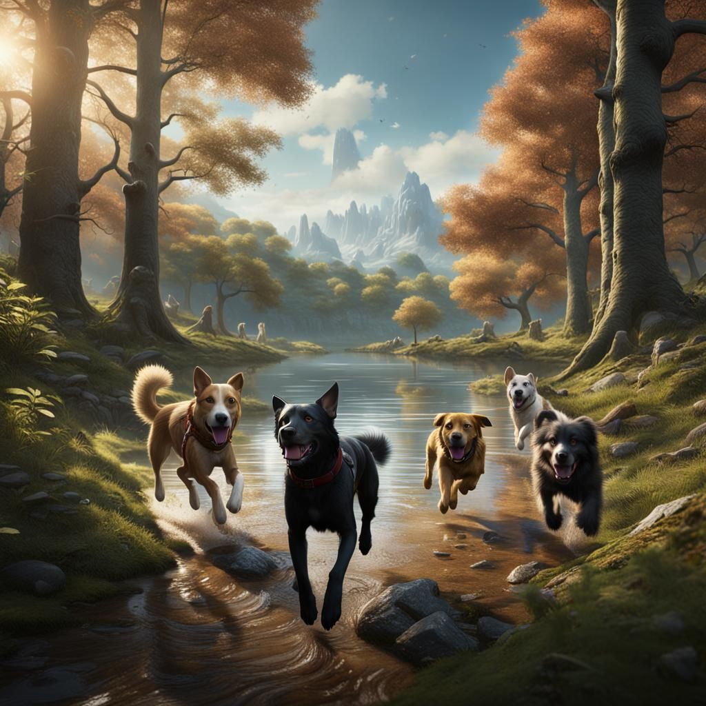 Dogs Run Through Forest in Detailed Fantasy Art