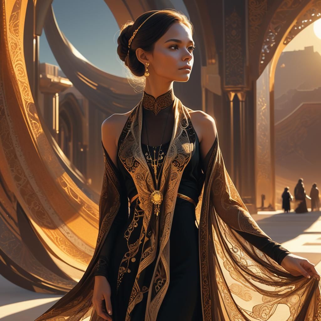 Elegant Woman Holding the Sun: Syd Mead Style