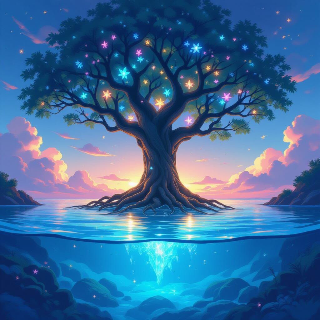 Ancient Ocean Tree With Bioluminescent Flowers