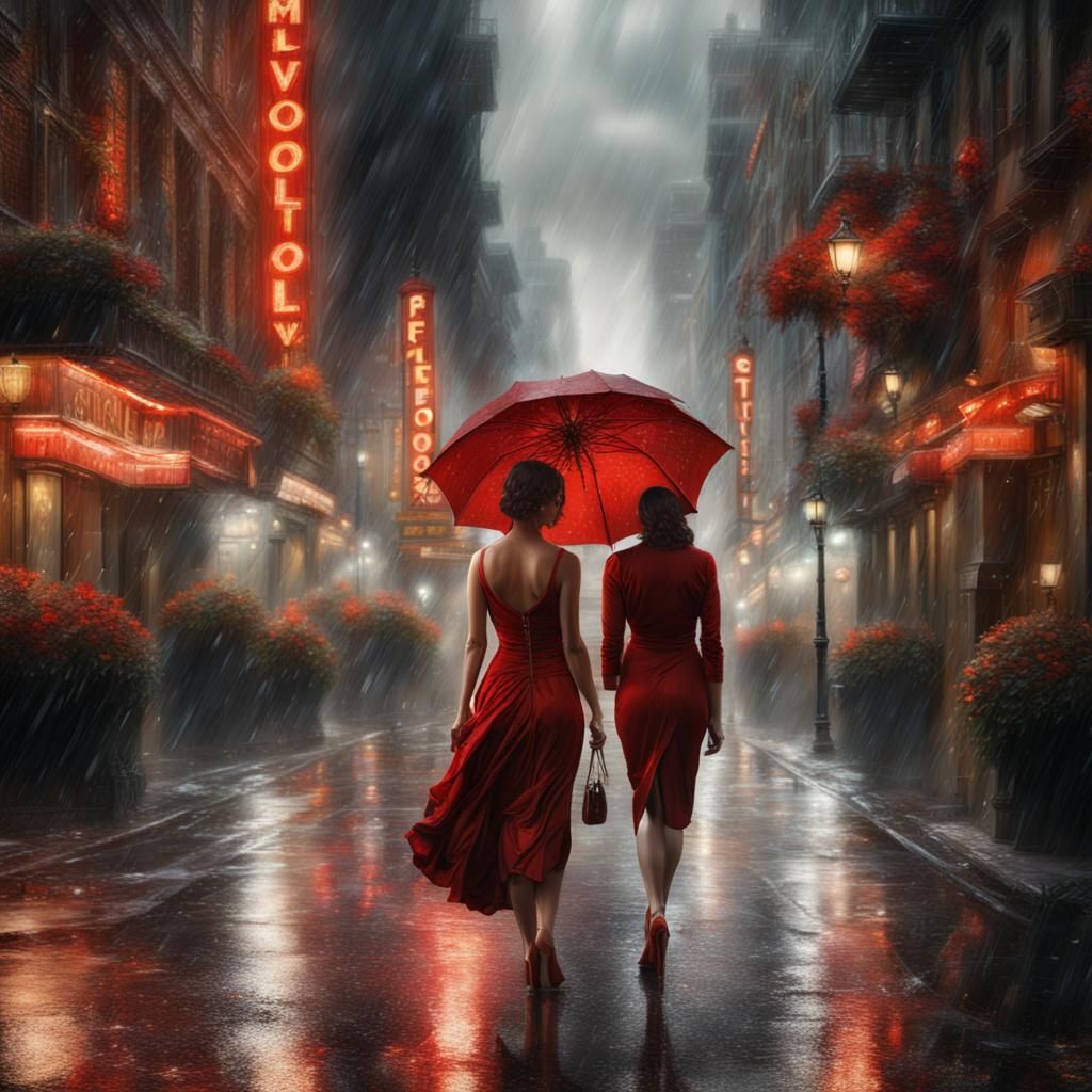 Glamorous Woman in Red Dress Walking in Rainy Street