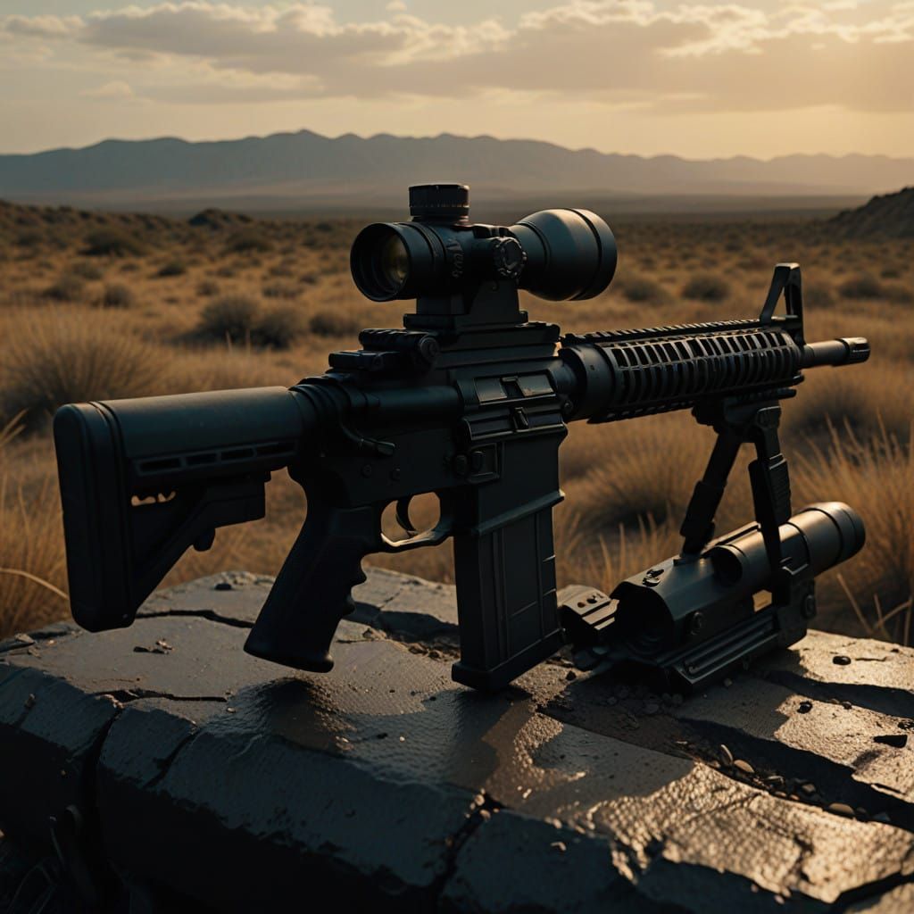 Gritty Modern Assault Rifle in Cinematic Sunset