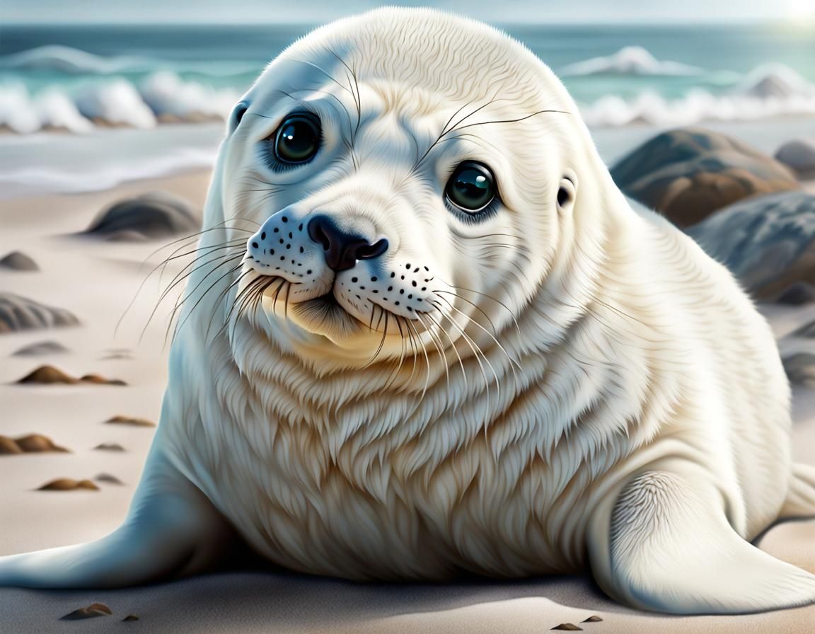Ultrarealistic Cute White Seal on a Beach