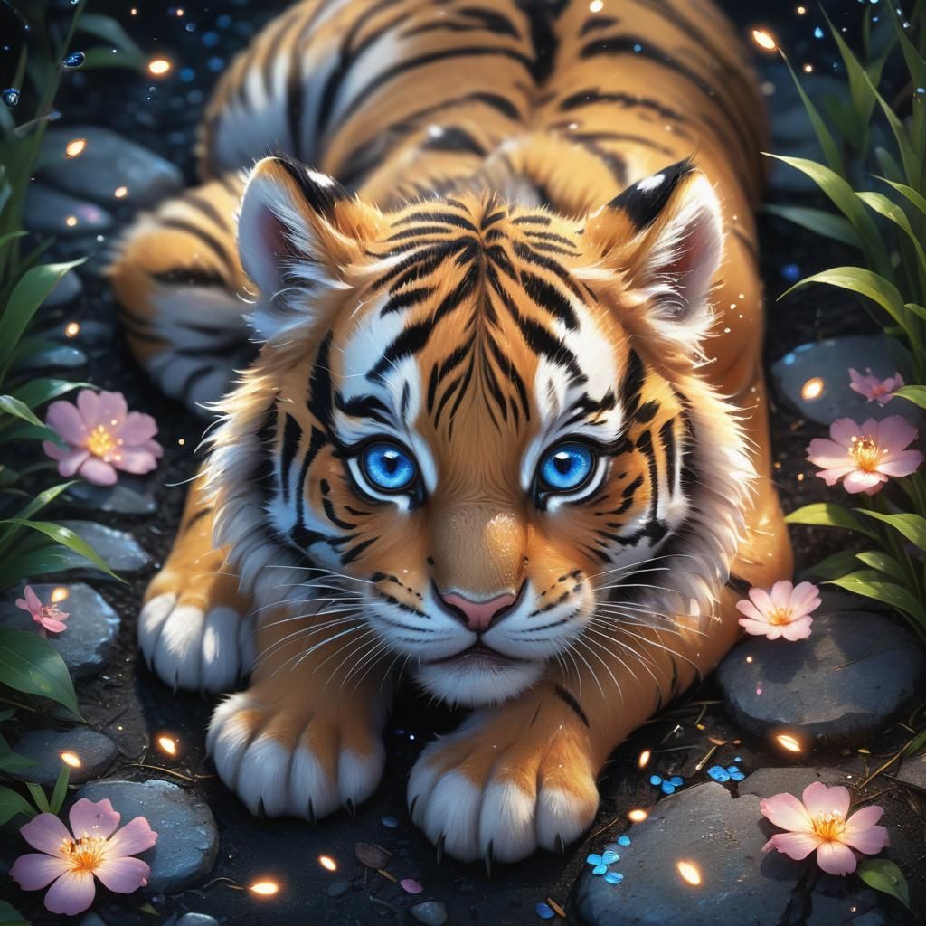 Adorable Tiger in Sakura Garden, Cel-Shaded Anime Art