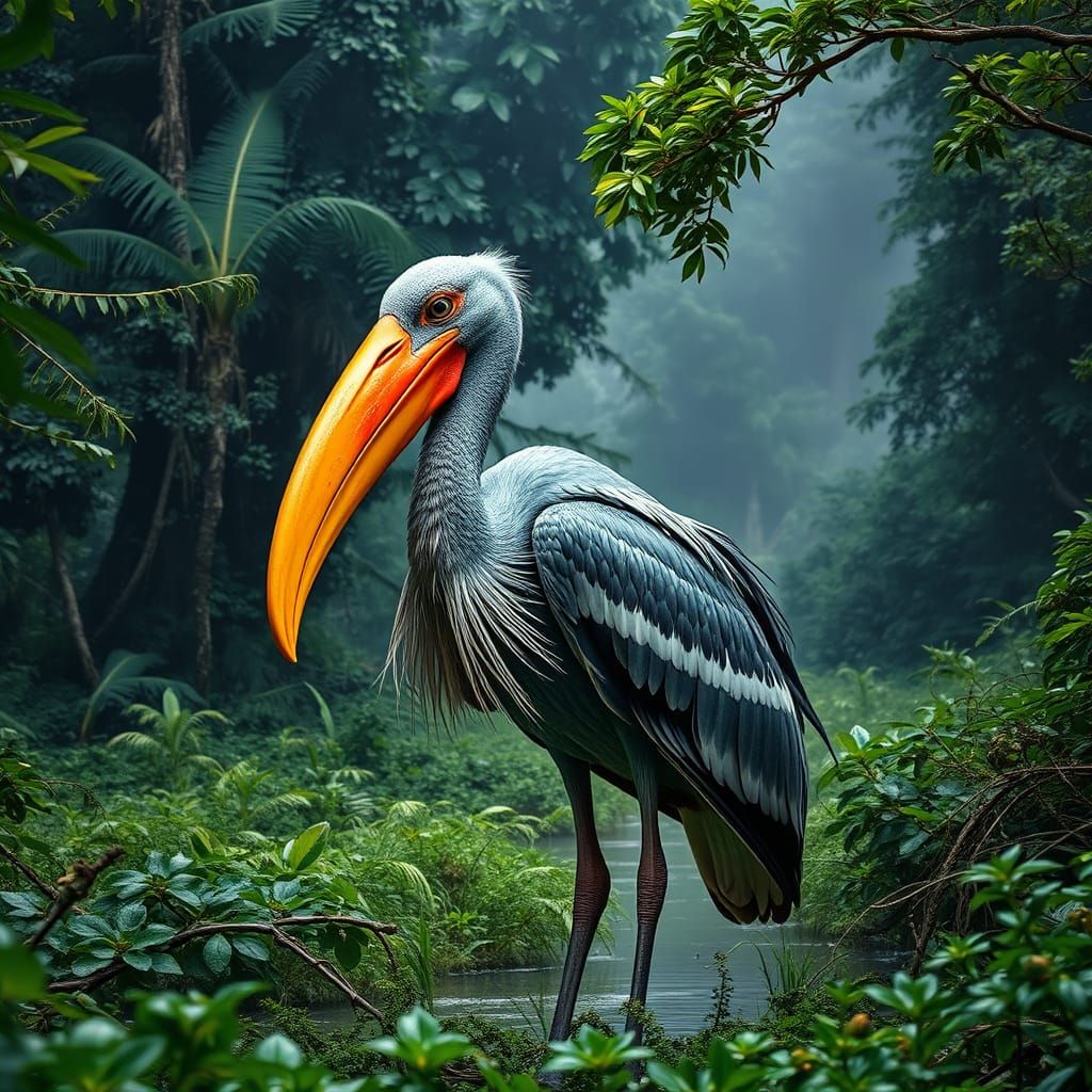 Majestic Shoebill Stork in Vibrant Green Forest