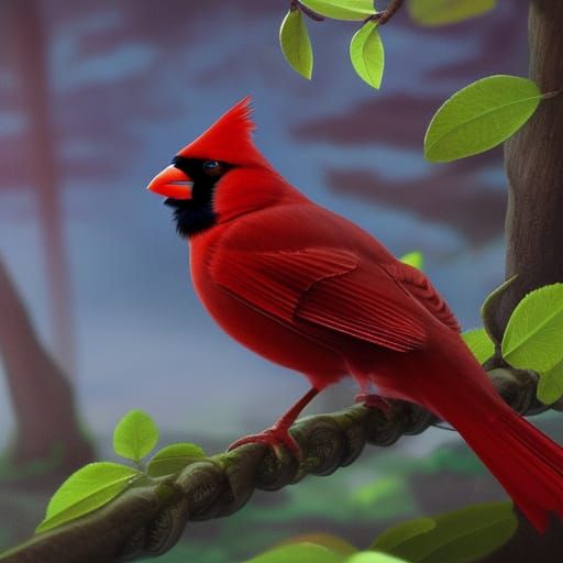 Cardinal on Blueberry Bush: Detailed Matte Painting