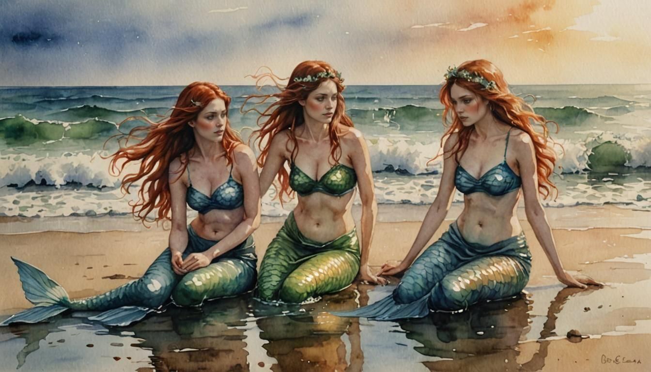 Three Mermaids in Watercolor Style