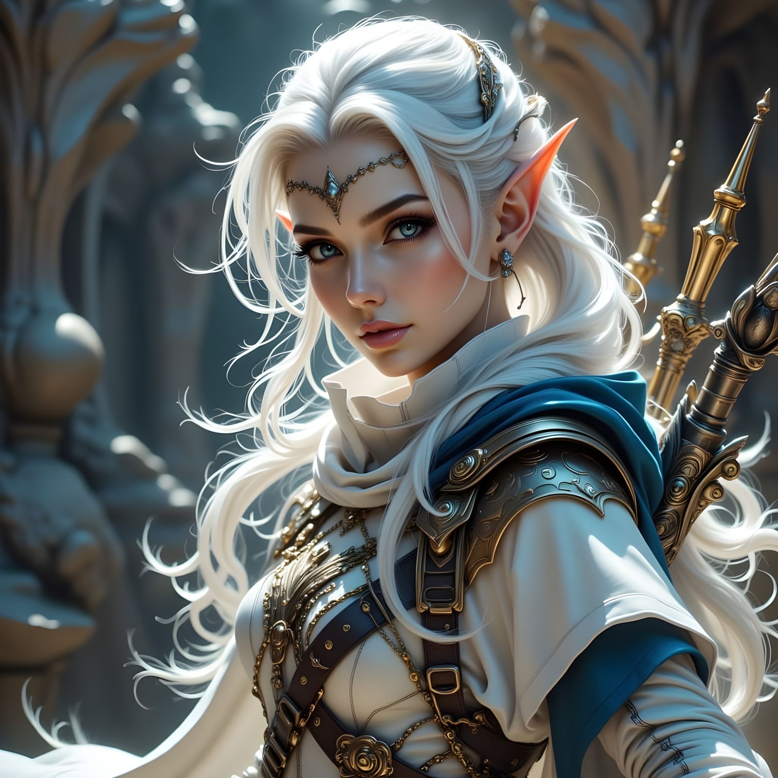Ethereal Elf Maiden in Armor and Radiant White Attire
