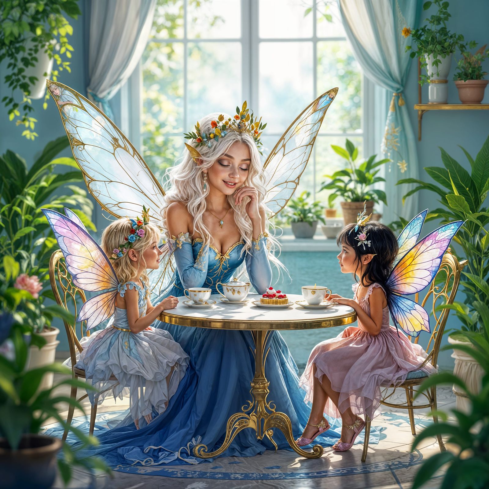 Fairy Tea Party in a Powder Blue Room with Gold Trim