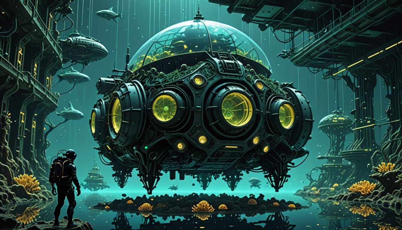 Cyberpunk Diver in Bioluminescent Metropolis