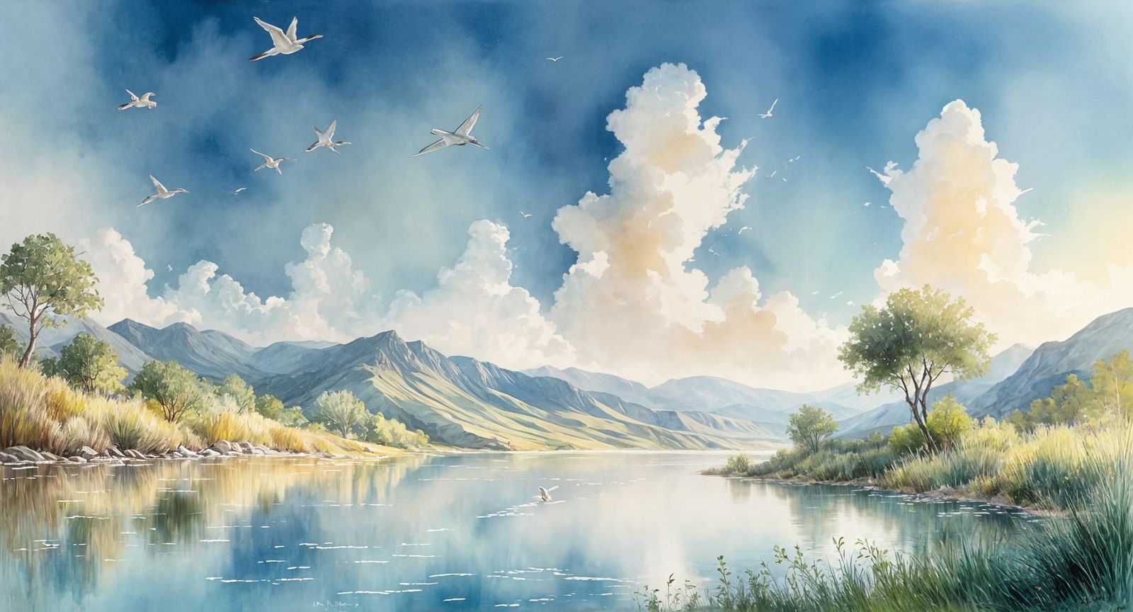 Egrets Flying Over Desert Rice Fields in Modern AI Art