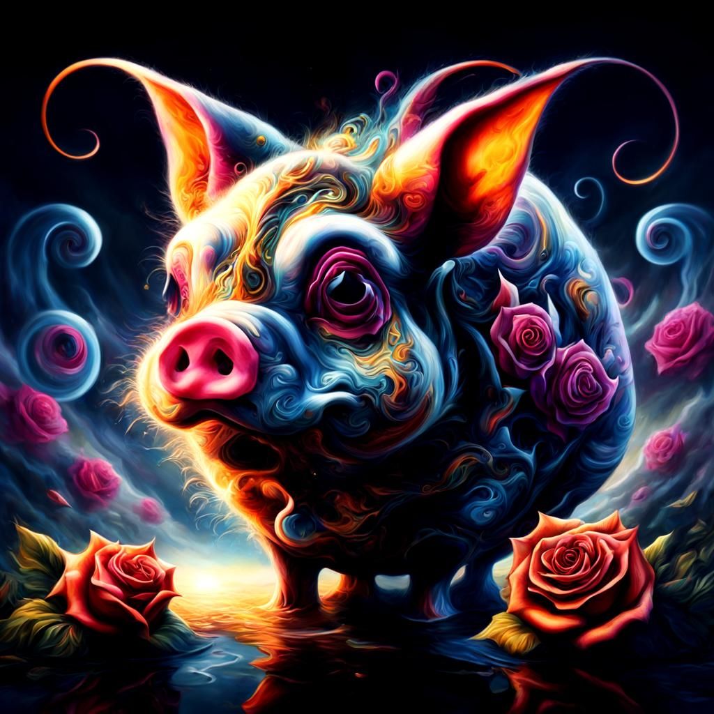 Surreal Landscape with Elastic Flora and Floating Piglets