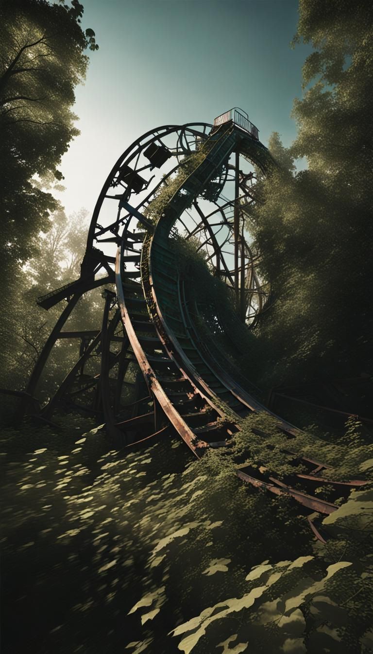 Eerie Abandoned Amusement Park Ride in Moonlight