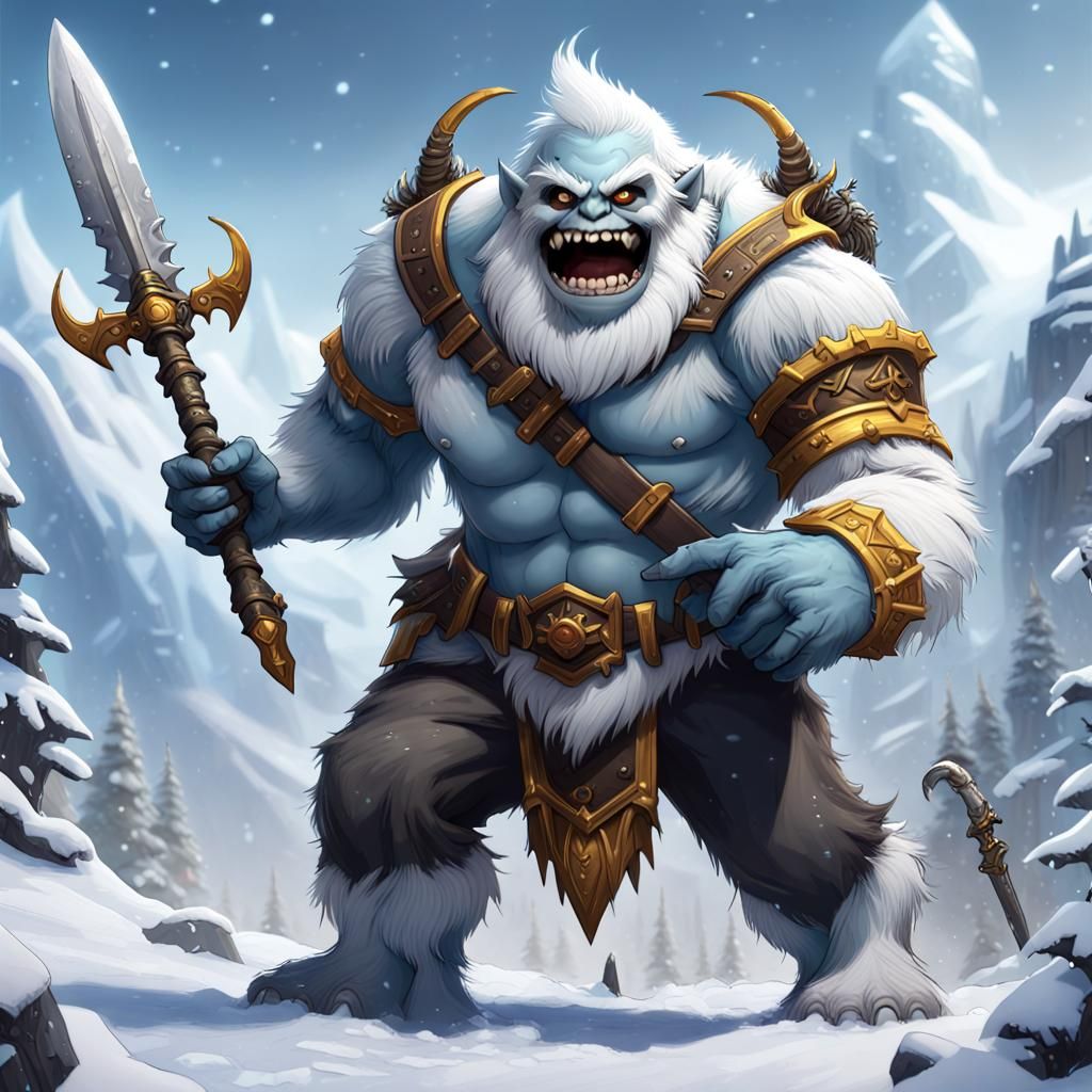 Handsome Yeti Warrior with Glaive in Snowy Scene