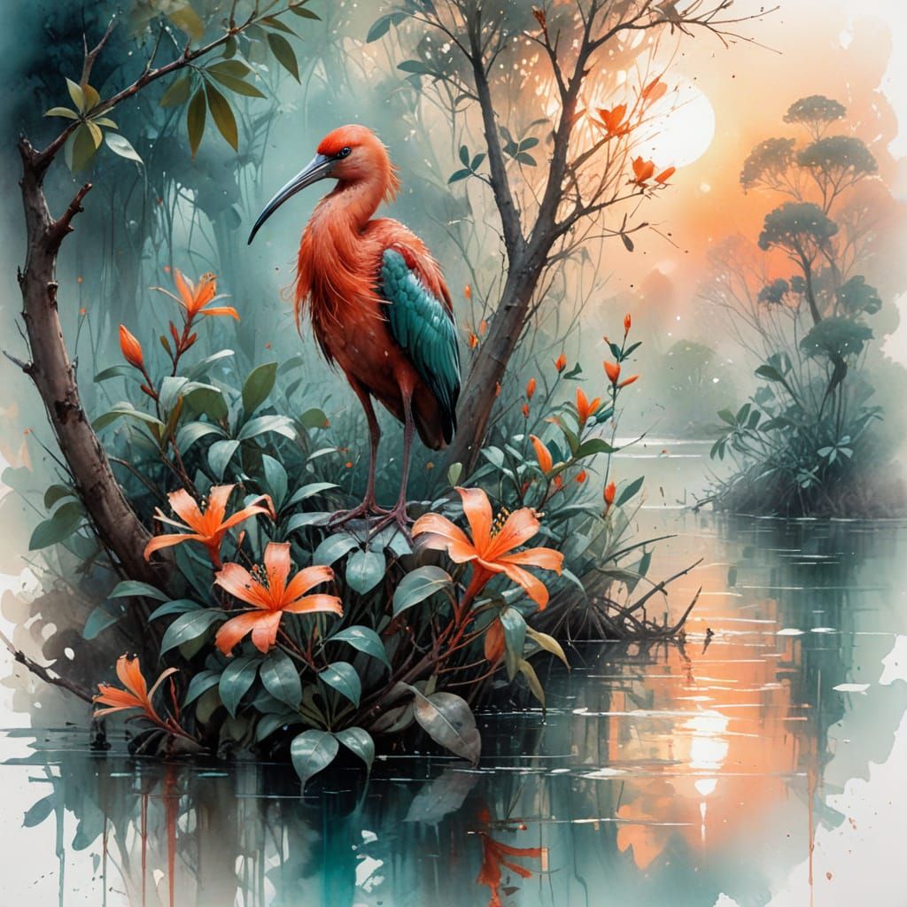 Scarlet Ibis in Misty Mangrove Lagoon, Matte Painting