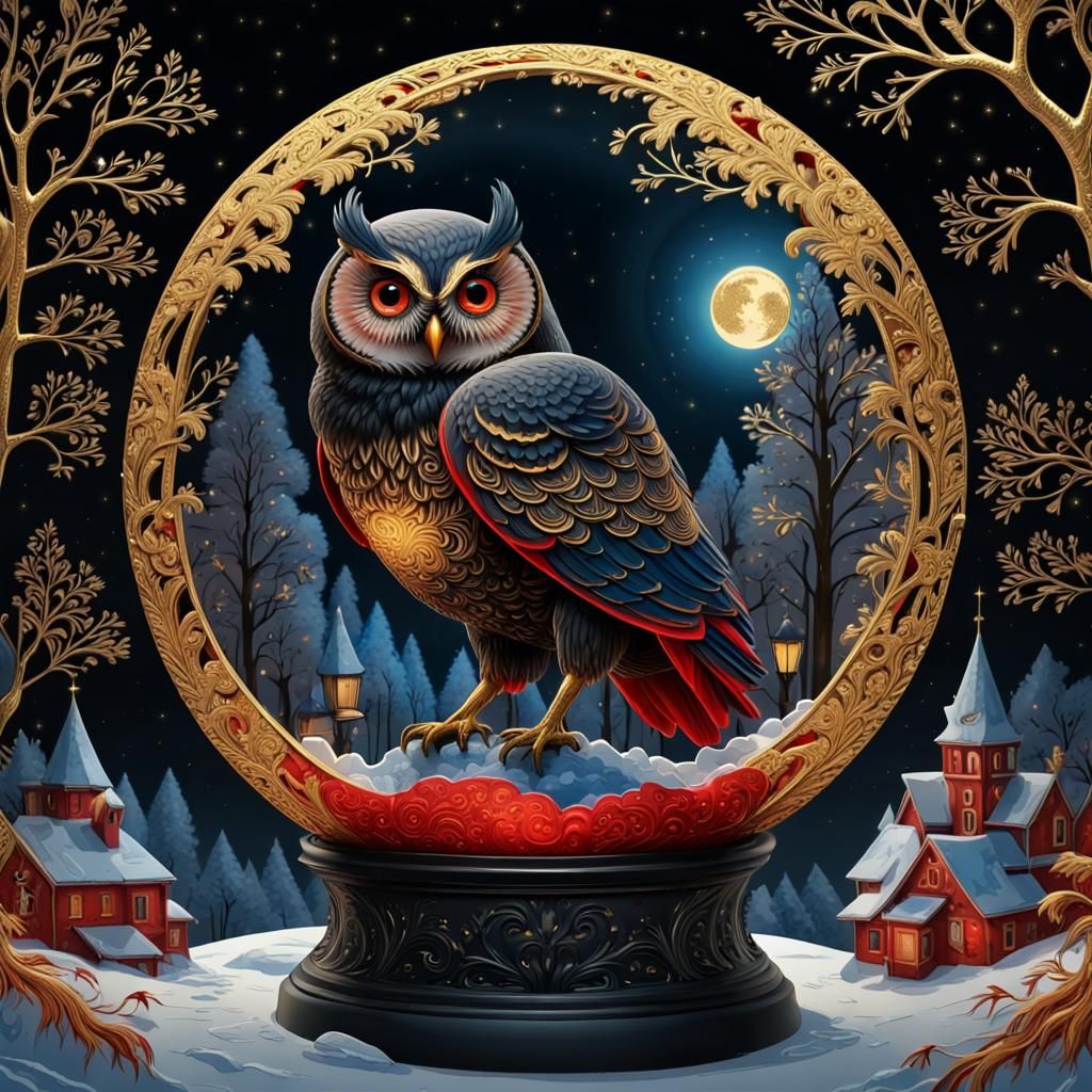 Palekh Style Owl Under Ice Sphere Moon