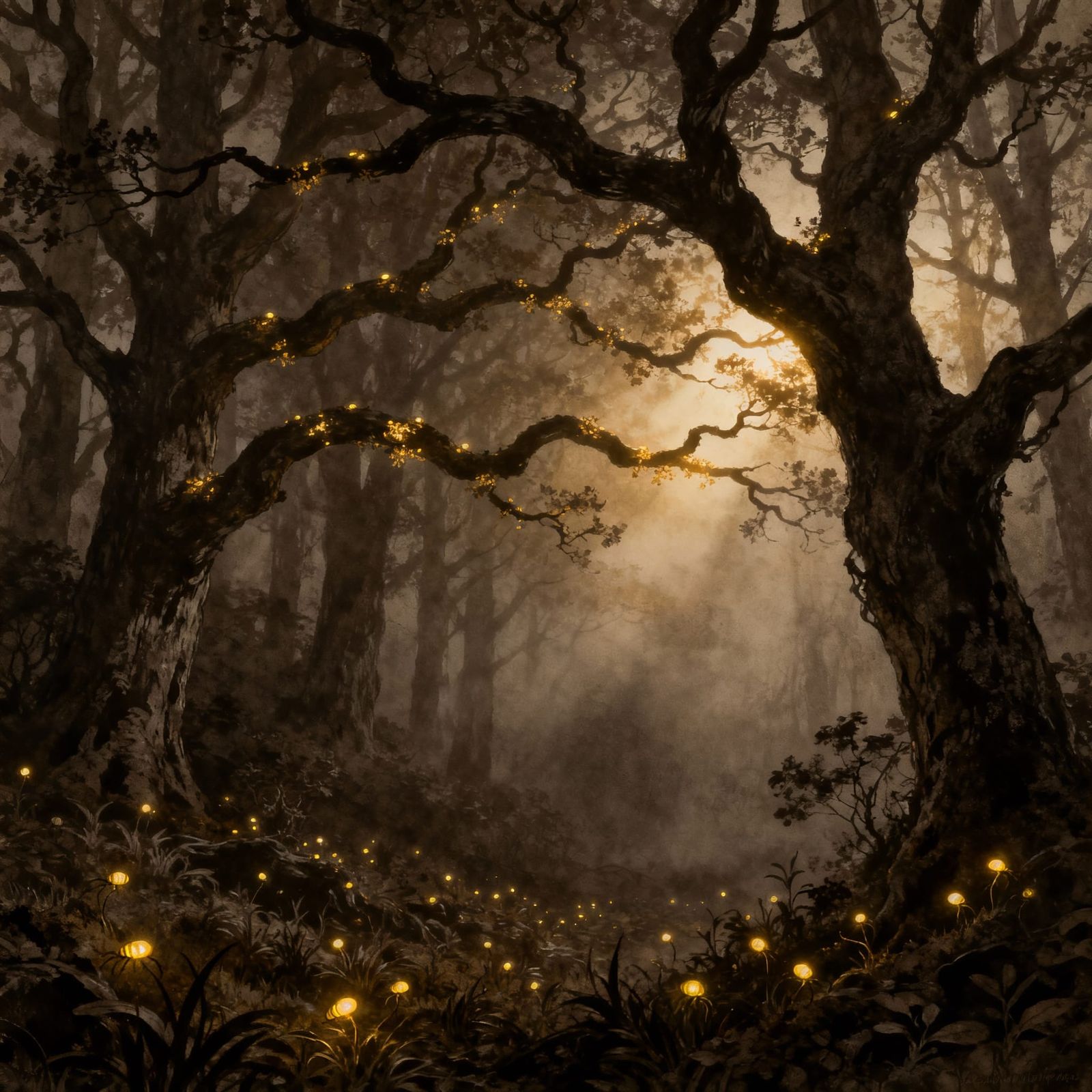 Mystical Forest with Ethereal Glow-Worms in Sepia Tone