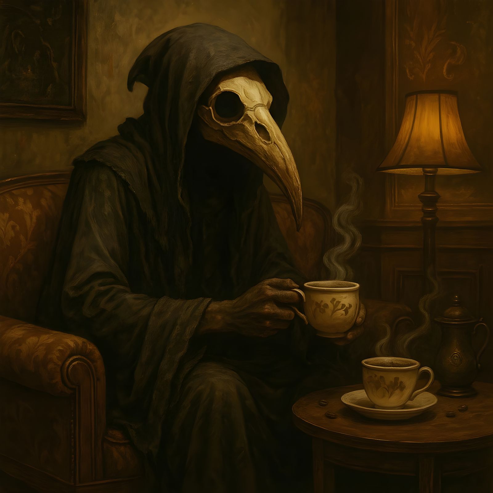 Bird Skull Reaper in Coffee House Setting
