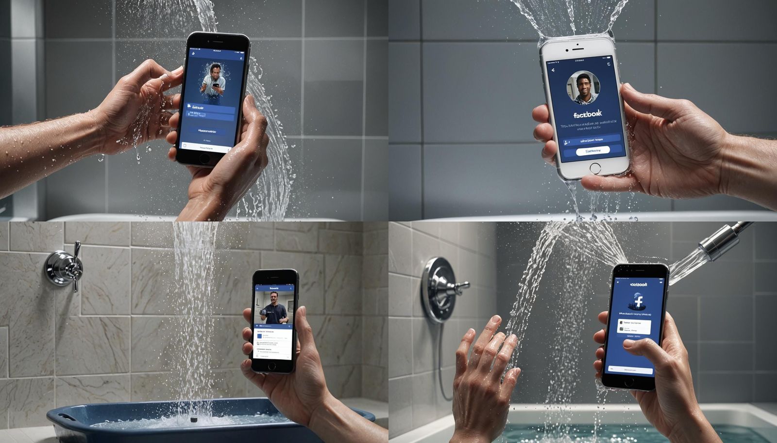 Phone Displaying Facebook Page Splashed with Water