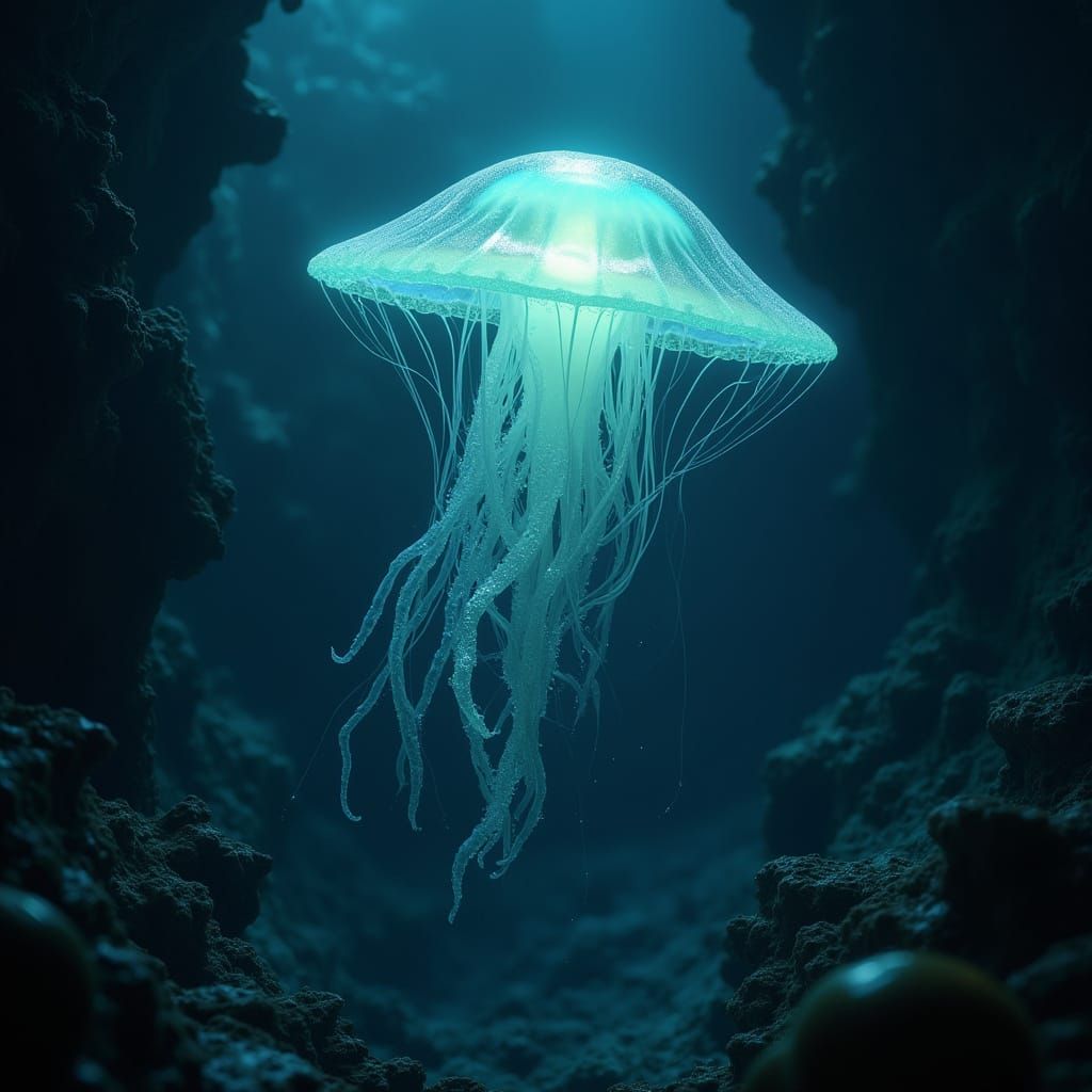 Majestic Bioluminescent Jellyfish in a Deep-Sea Trench