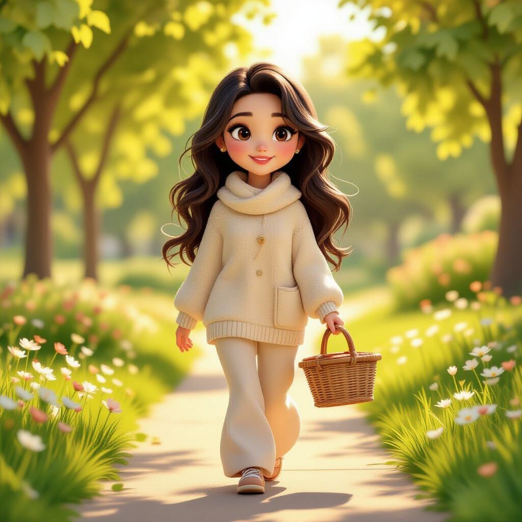 Elegant Woman Enjoys Sunny Park Walk with Picnic Basket