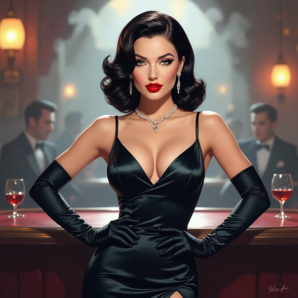 Glamorous Femme Fatale in 1950s Pulp Noir Bar