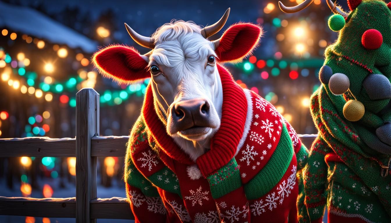 Cow in Christmas Sweater Decorating Fence