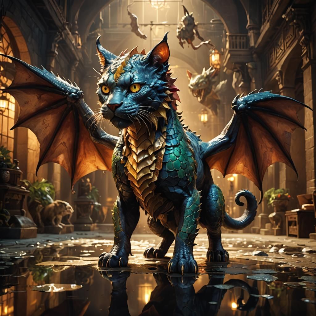 Dragon Cat Chimera in Cell-Shaded Digital Art
