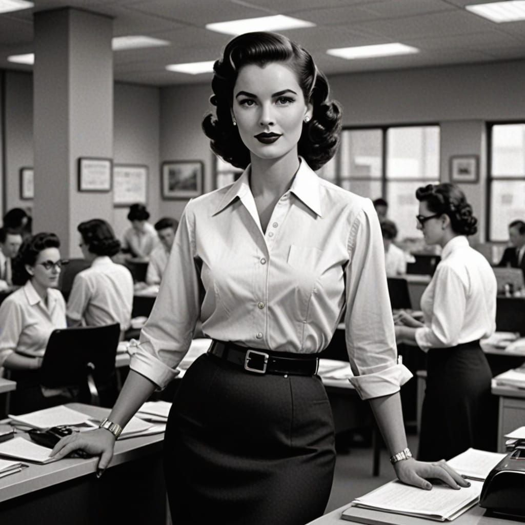 1950s style professional woman in a pencil skirt working in ...