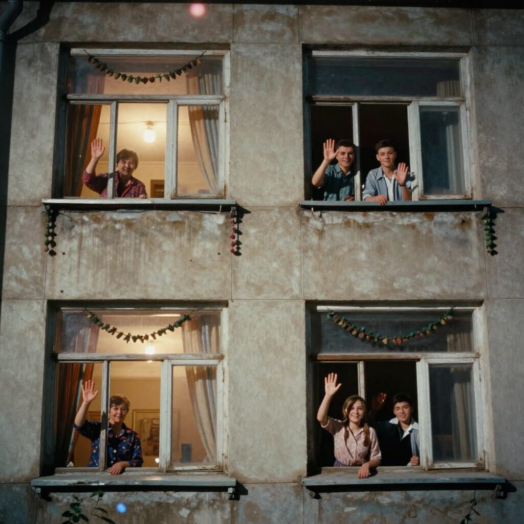Soviet Panel House Windows with Family Waving