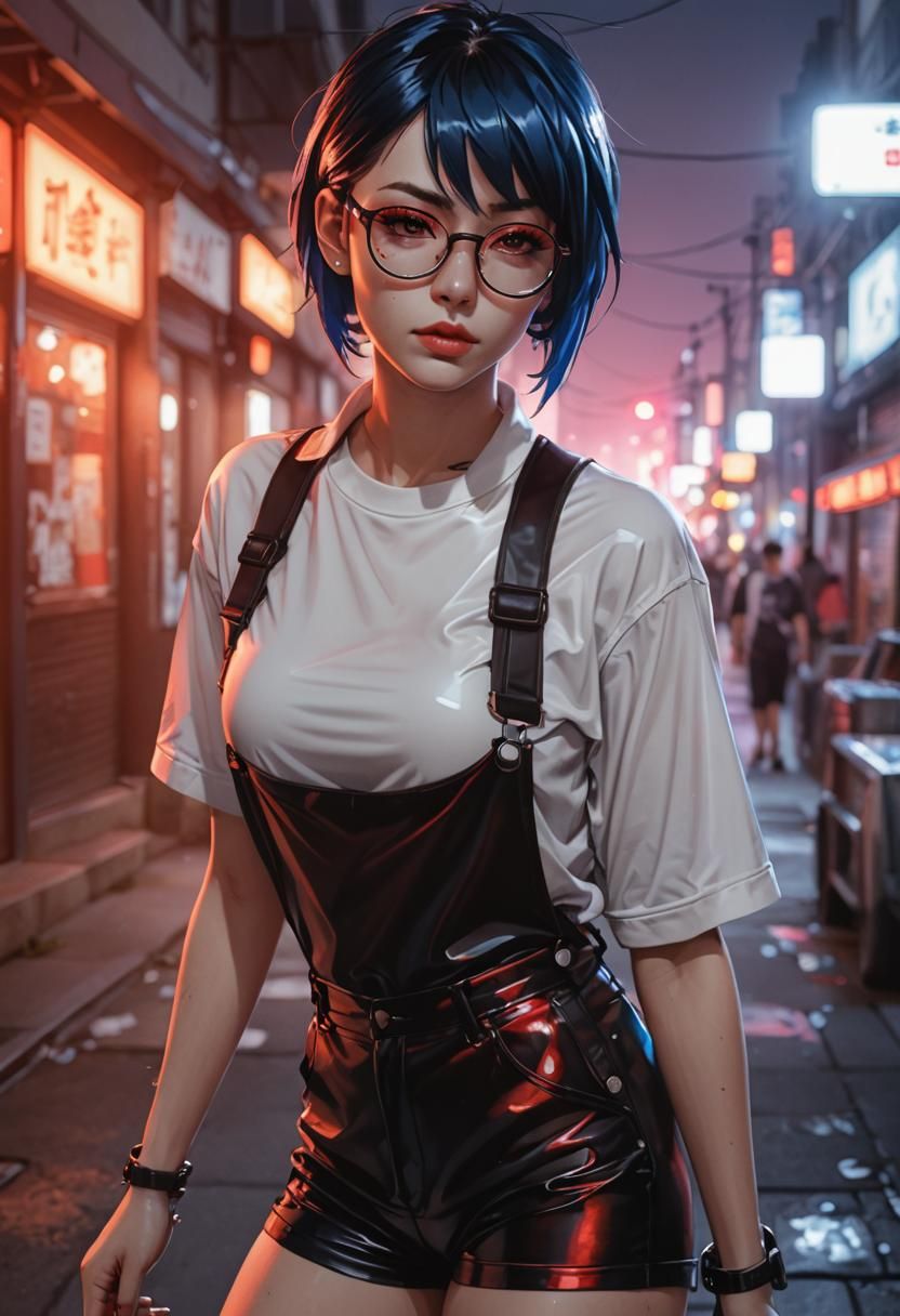 Anime Woman in Latex Fashion, Neon Cityscape