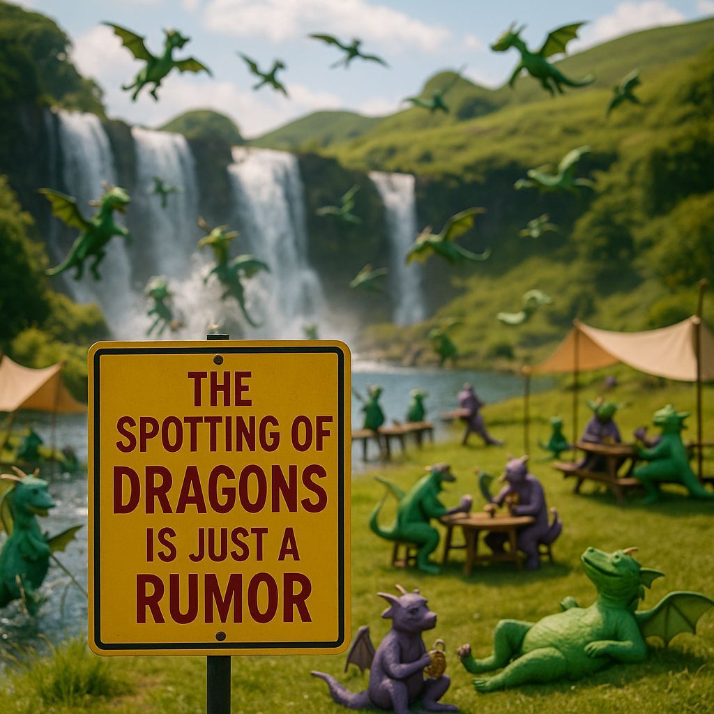 Whimsical Warning Sign Amidst Dragons and Nature's Splendor