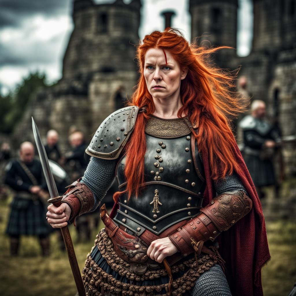 Hyperrealistic Scottish Warrior Woman Ready for Battle