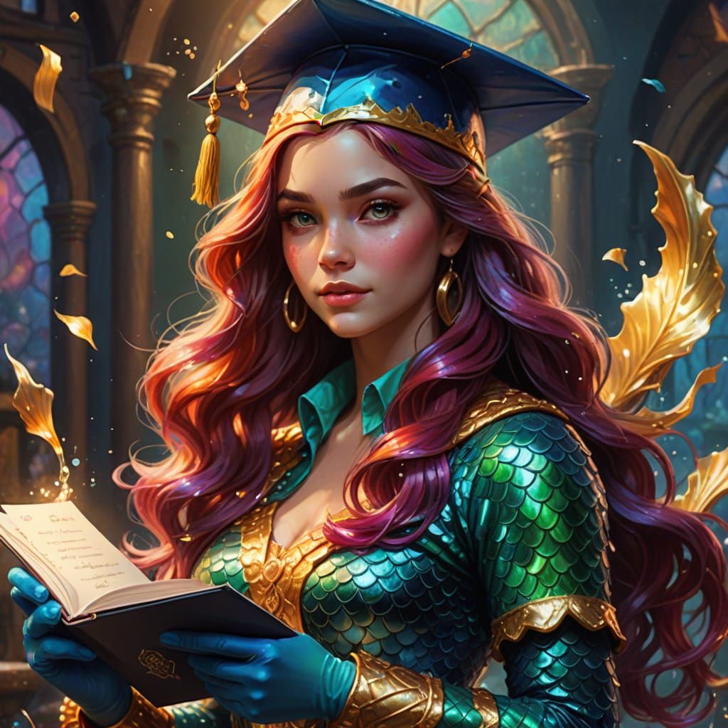 Mermaid Graduation in Vibrant Oil Painting