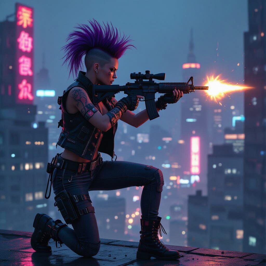 Cyberpunk Woman Fires Rifle in Neon Cityscape
