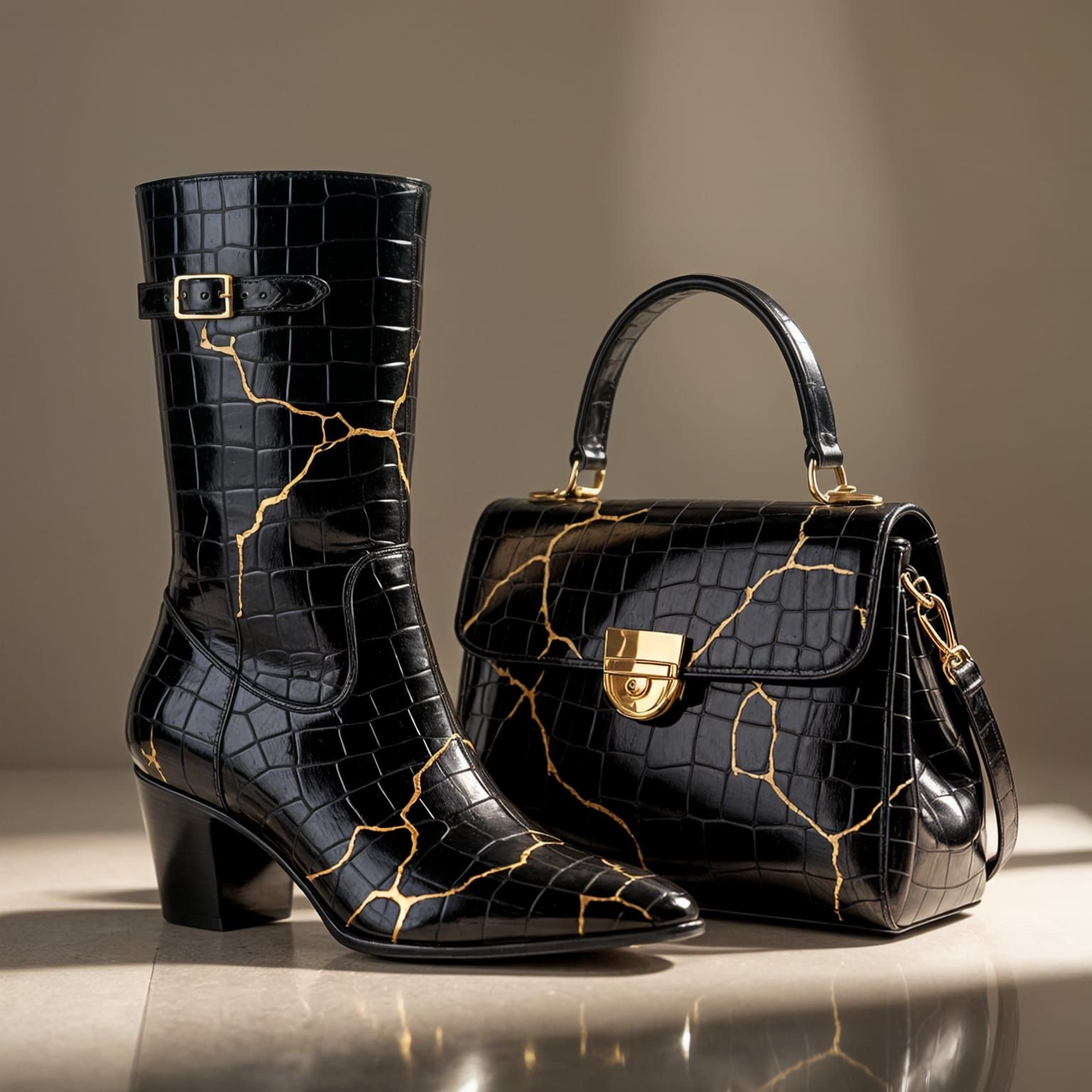 Black Kintsugi Boots and Handbag Set