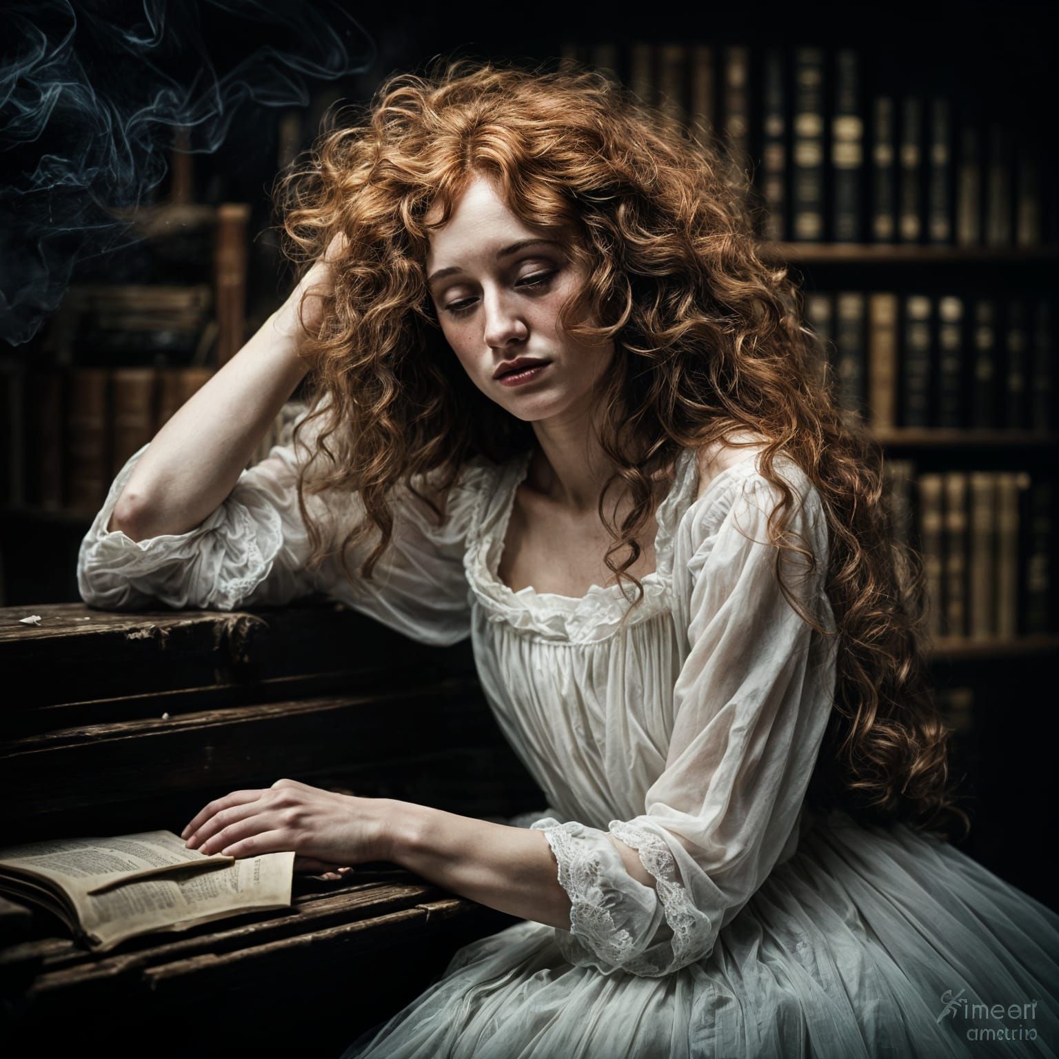 Melancholy Bride in Library: 1890s Daguerreotype