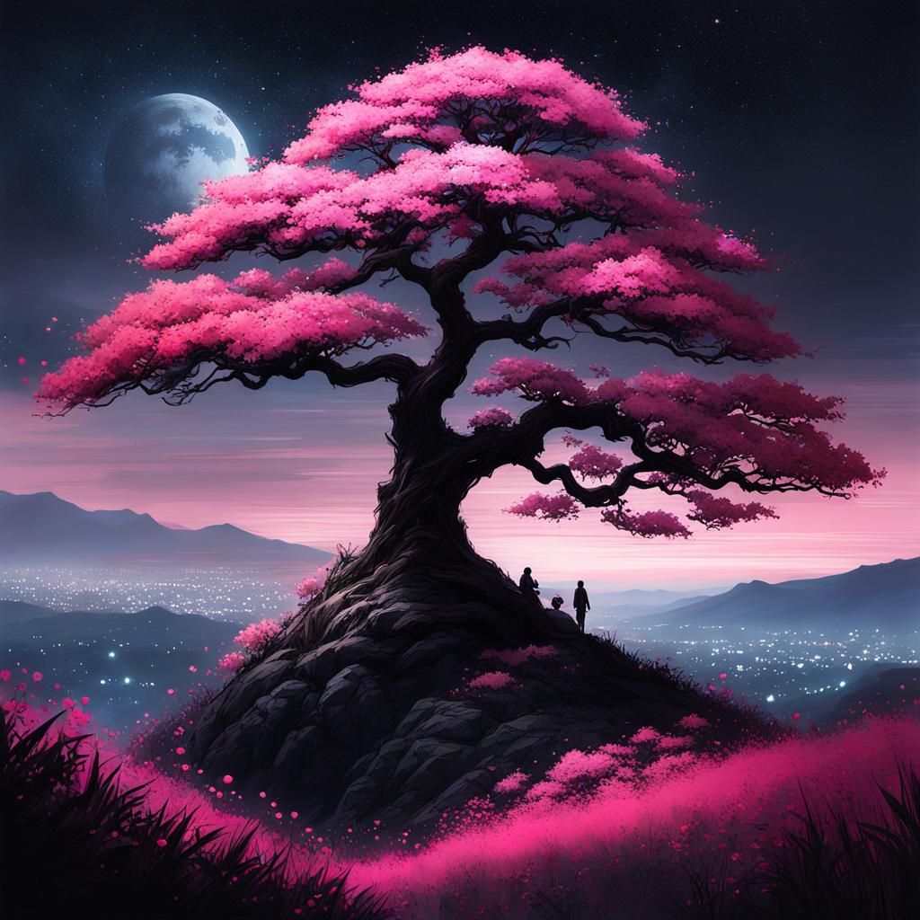 Mystical Tree with Pink Flowers at Starry Night