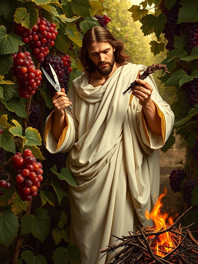 Jesus Prunes a Lush Grape Vine in Renaissance Style