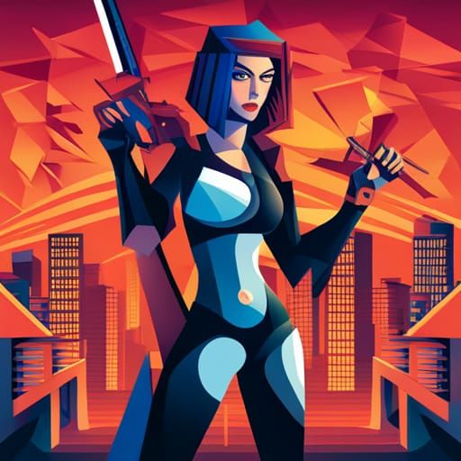 Geometric Assassin in Cyber City, Cubist Art Deco Style