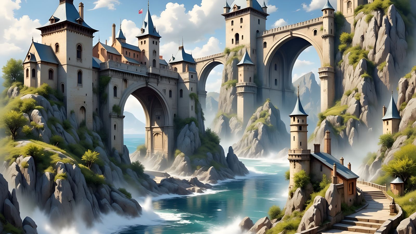 Floating Castle and Villages on Arch Bridge