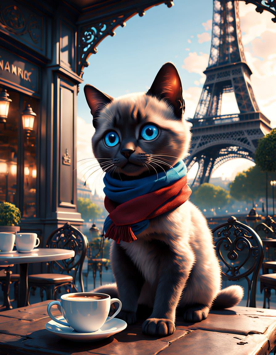Whimsical Siamese Kitten at Parisian Café in 3D Digital Art
